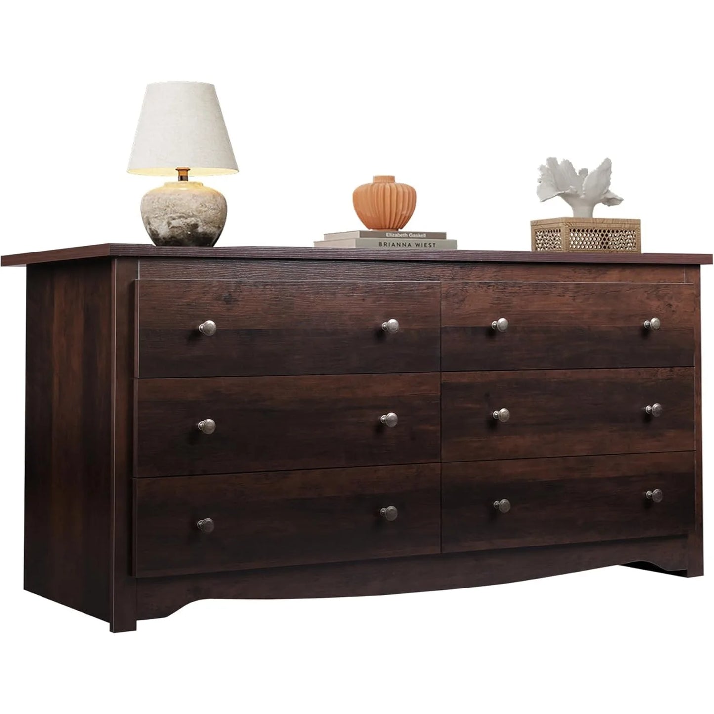 Wood Dresser with 6 Drawer Wide Chest of Drawers for Bedroom Long Nightstand with Drawers Modern Large Storage Tower Unit Closet