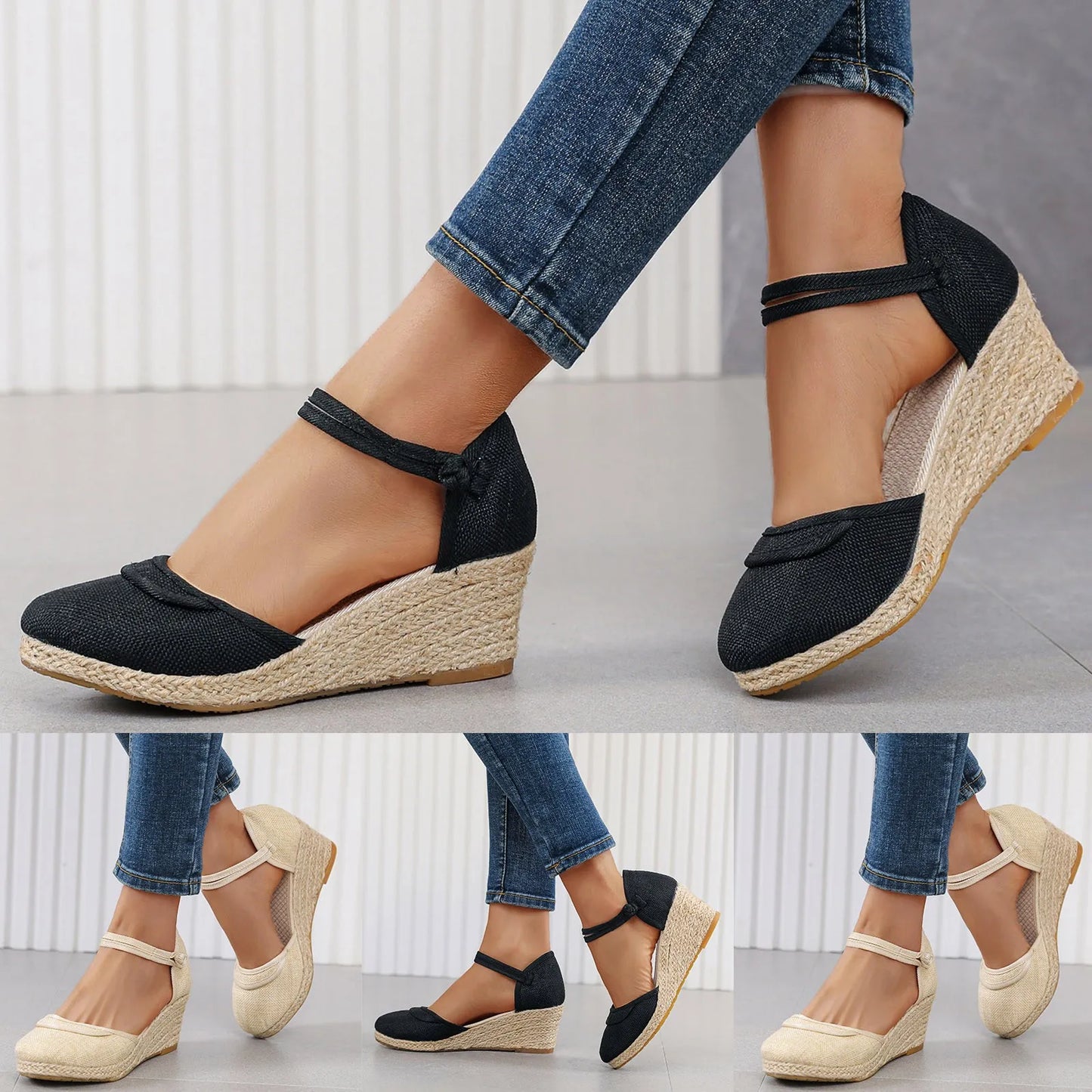 Womens Retro Plain Wedge Sandals Ladies Espadrille Summer Fashion Breathable Ankle Strap Sandals Casual Chunky Beach Sandals