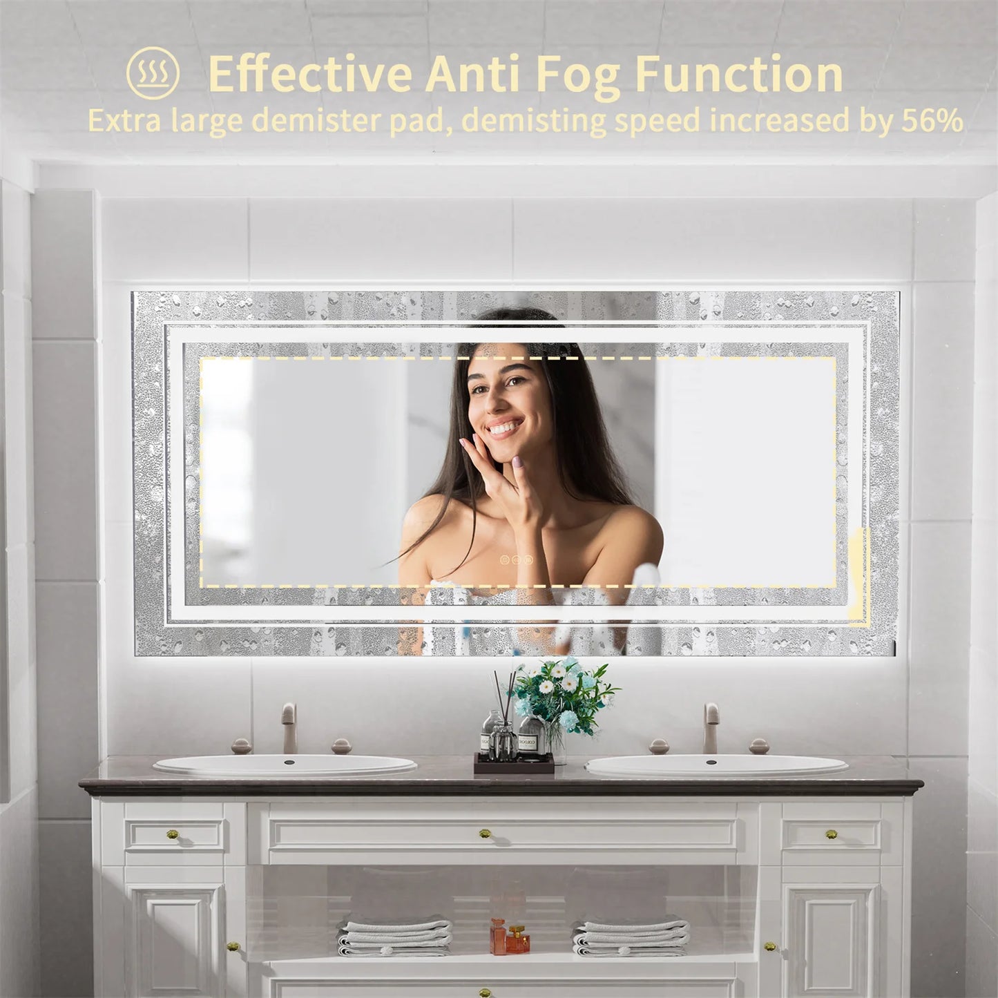 63" x 32" Extra Large LED Light Backlit Bathroom Mirror Dual Lights Makeup Anti-Fog Memory 3 Colors Dimmable With Touch Button