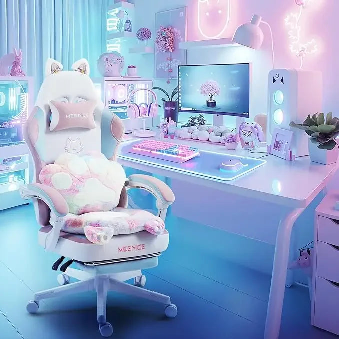 Pink Gaming Chair Cute with Cat Ears Paw Lumbar and Cushion,Ergonomic Computer Chair with Footrest,Reclining PC Game Chair for G
