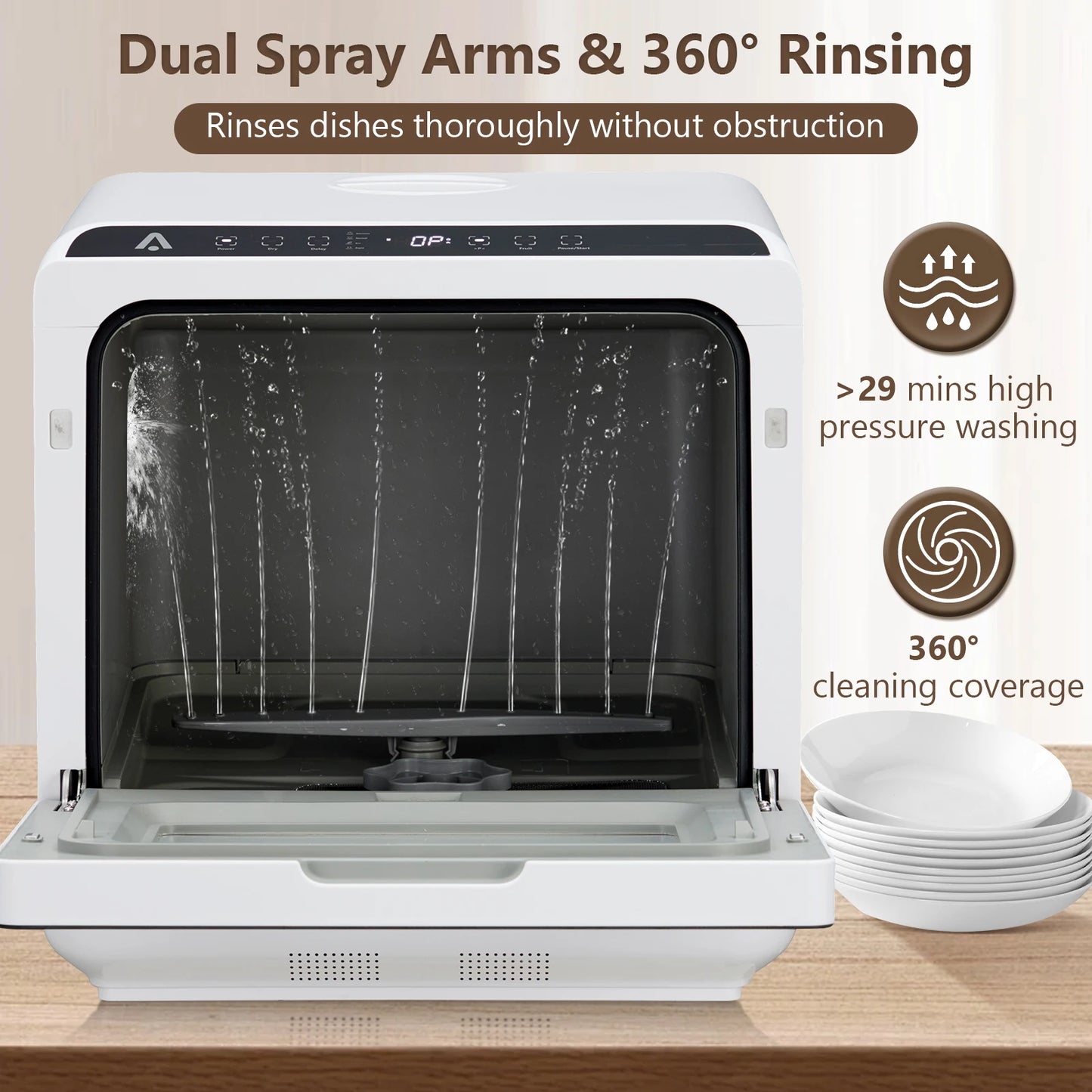 Countertop Dishwasher, Portable Dishwasher with 5 Washing Programs, Compact Dishwasher Glass Door, Rapid & Fruit Wash, 5L Water