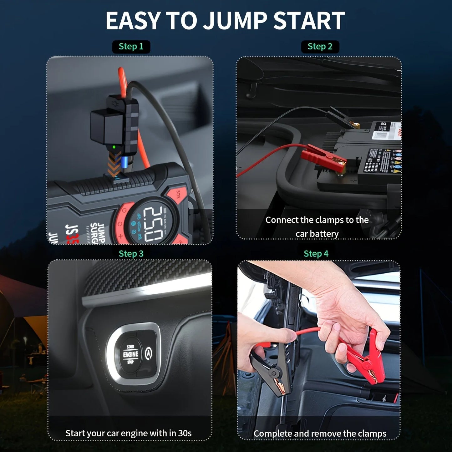 3000A Portable Car Jump Starter with Air Compressor  5-in-1 Battery Booster, Tire Inflator, LED Light & Power Bank