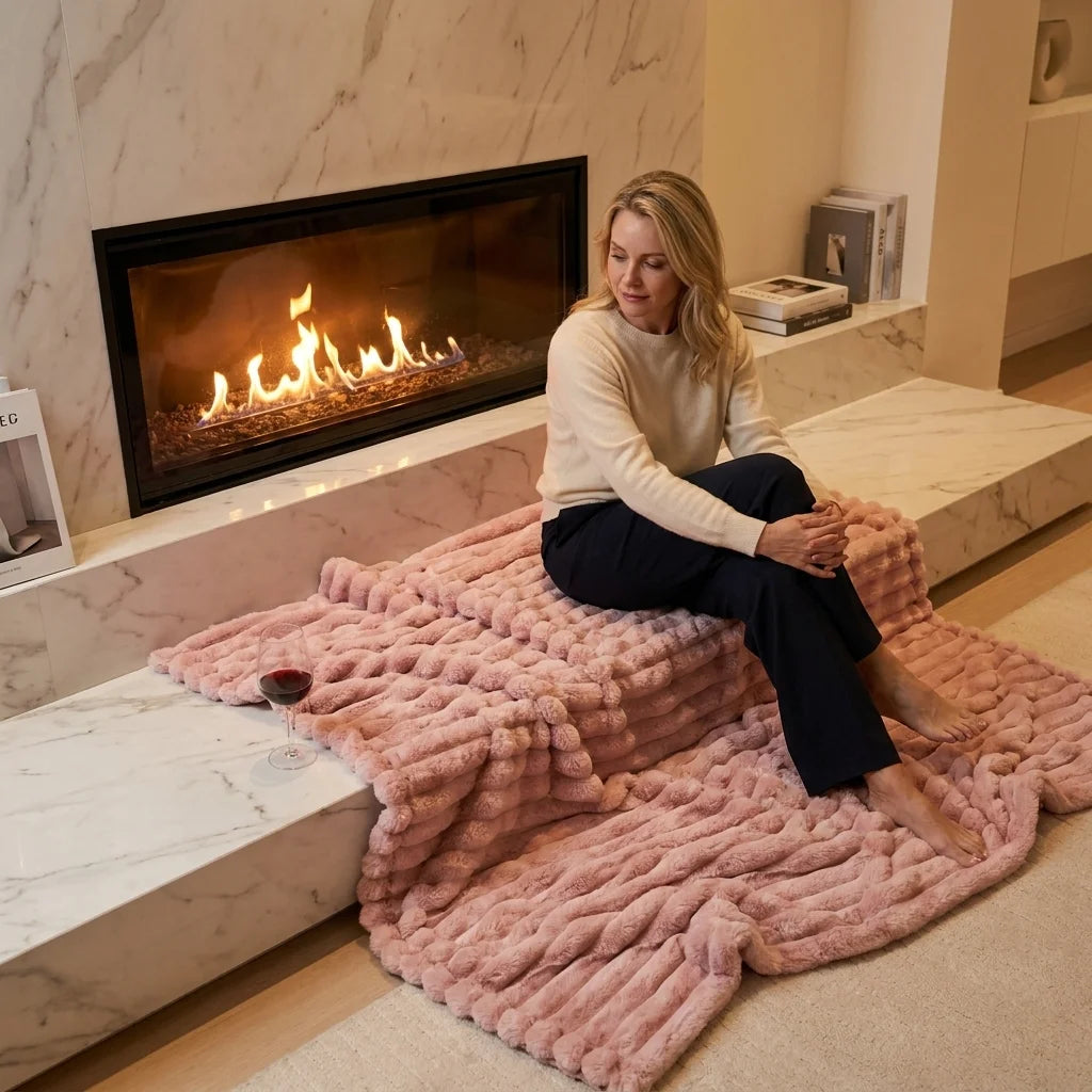 Cozy Striped Velour Blanket – Ultra Soft Warm Ribbed Plush Throw, Ideal for Sofa, Nap, Office, Travel, All Season Use, Machine Washable