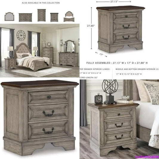 "antique gray 3-drawer nightstand with usb ports, casual lodenbay style"