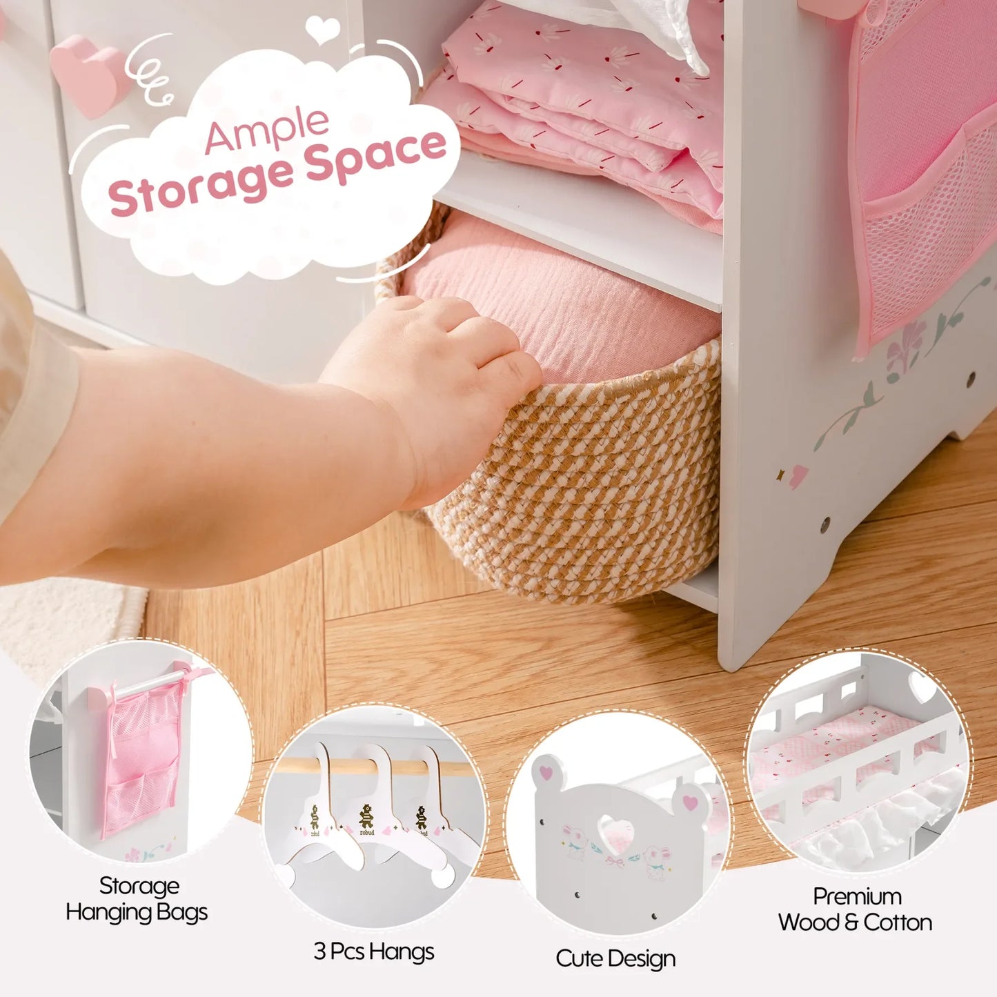 Robotime Robud Doll Crib Changing Table Wooden with Storage Bedding Hooks Fits 18-21" Baby Dolls Pretend Play Gift for Girls