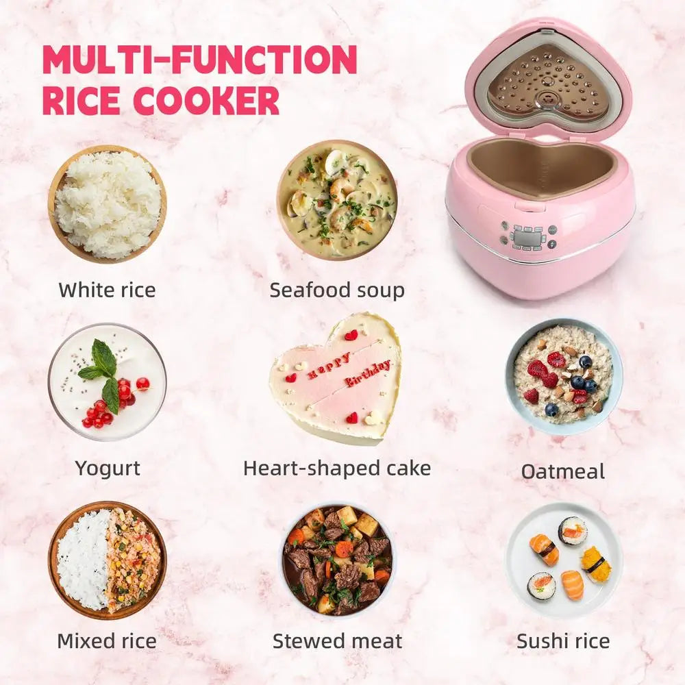 Heart Shape Rice Cooker 8 Cup Cooked 4 Cup Uncooked Multifunctional Kitchen Gadget Timer Porridge Stew Soup Cake Yogurt Steamer