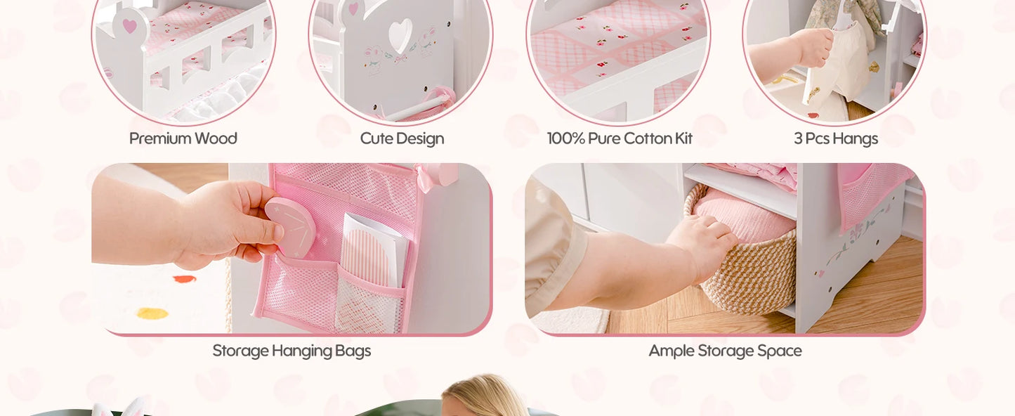 Robotime Robud Doll Crib Changing Table Wooden with Storage Bedding Hooks Fits 18-21" Baby Dolls Pretend Play Gift for Girls