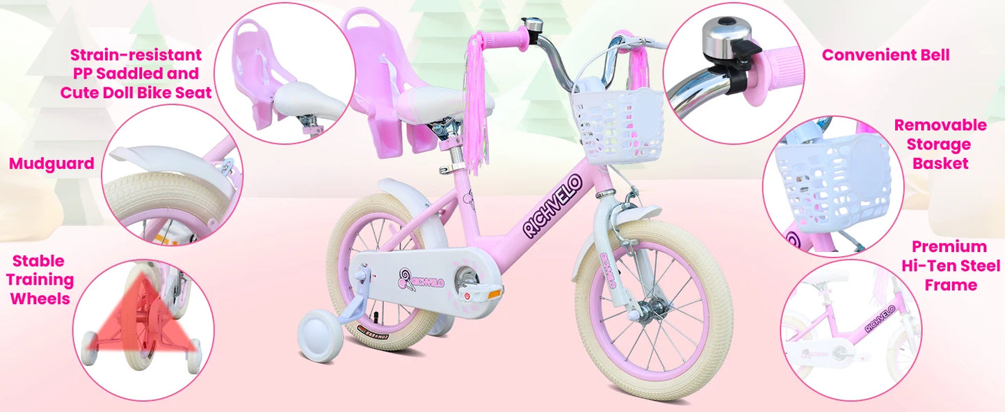 Kids Girls Bicycle 12–16 Inch .Bike with Training Wheels, Basket & Adjustable Seat for Ages 2–7  Description