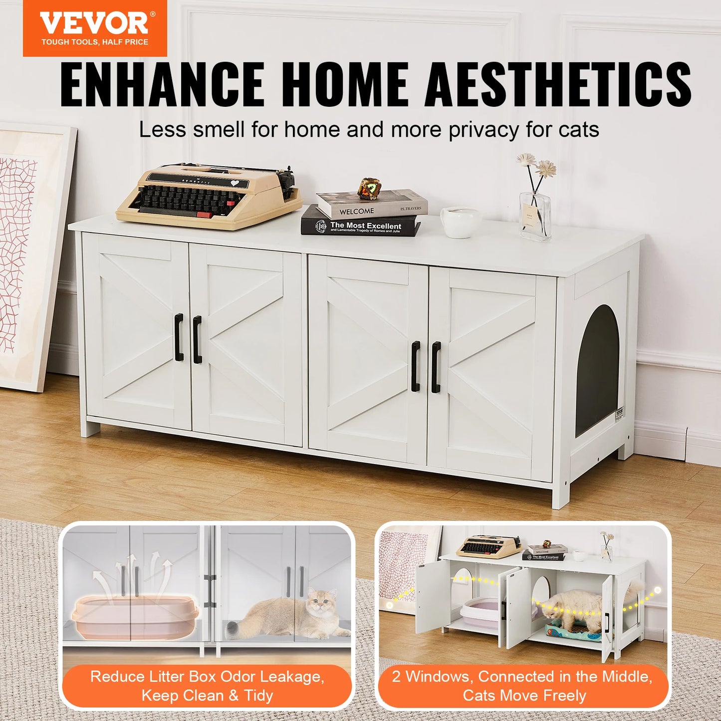 SucceBuy Cat Litter Box Enclosure for 2 Cats Litter Box Furniture Hidden Wooden Cat Box Cabinet Fit Most of Litter Box White