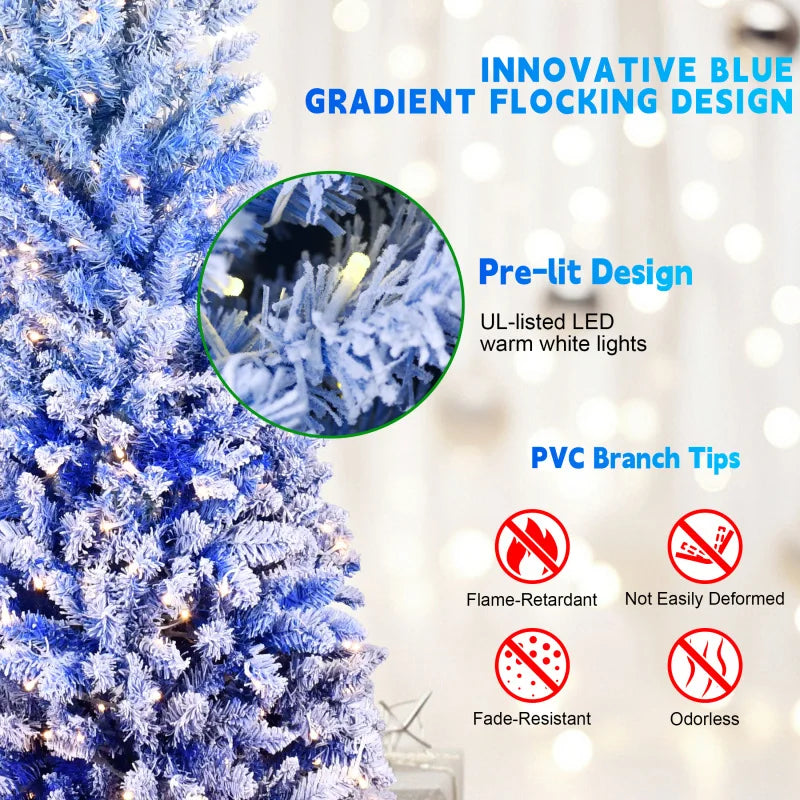 7FT Blue Gradient Flocked Pencil Christmas Tree with 300 Warm White LED Lights . Slim Space-Saving Holiday Tree