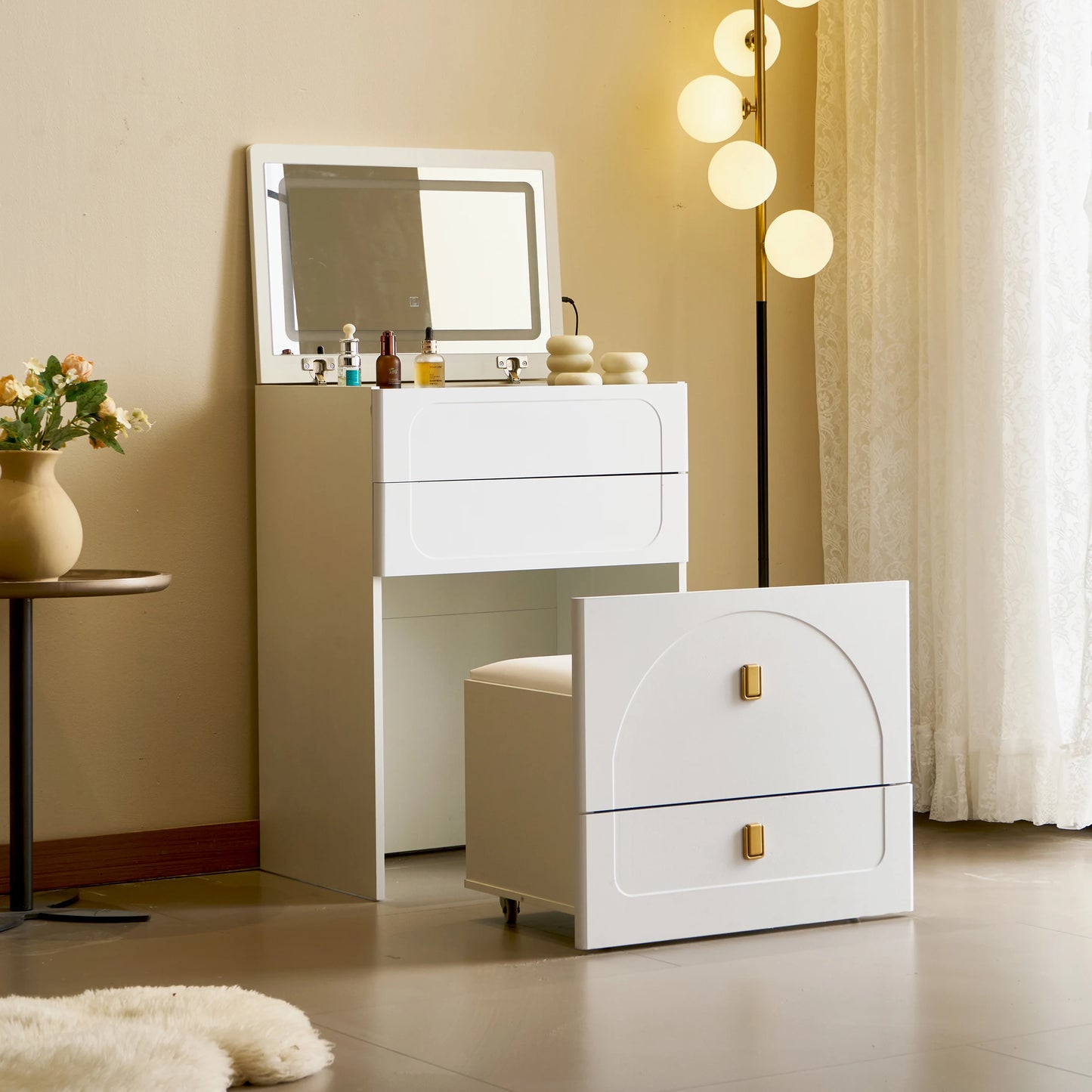 3-in-1 Dresser with Flip-Up Mirror and Light, Small Dresser Set with Visible Glass Tabletop, 3 Drawers, Storage Bench, 3-Color I