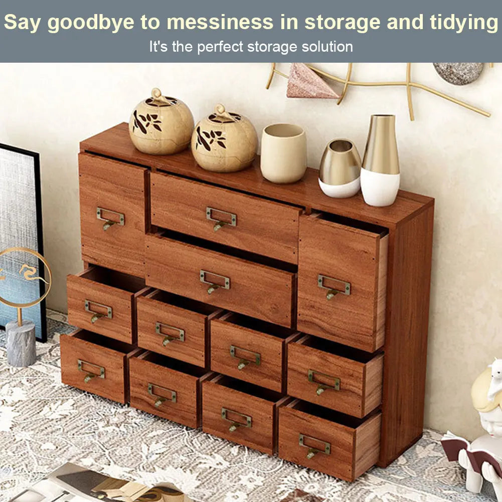12 Drawer Wooden Apothecary Cabinet with Label Slot & Metal Handle Tabletop Storage Box Library Card Catalog Cabinet for Desk