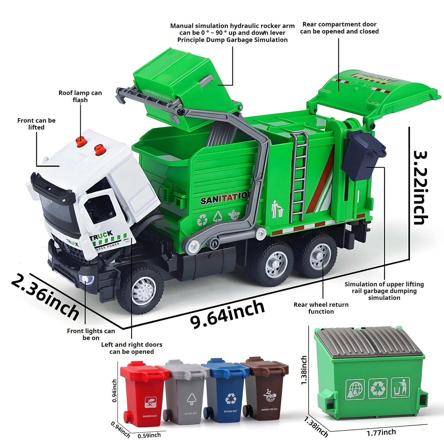Alloy garbage truck toys, sanitation truck with lights and sounds, simulation recycling features, ideal gift for boys