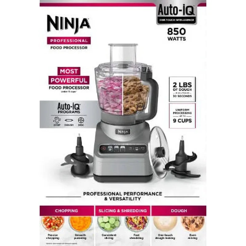 Ninja Professional Food Processor, 850 Watts, 9-Cup Capacity, Auto-iQ Preset Programs, Silver