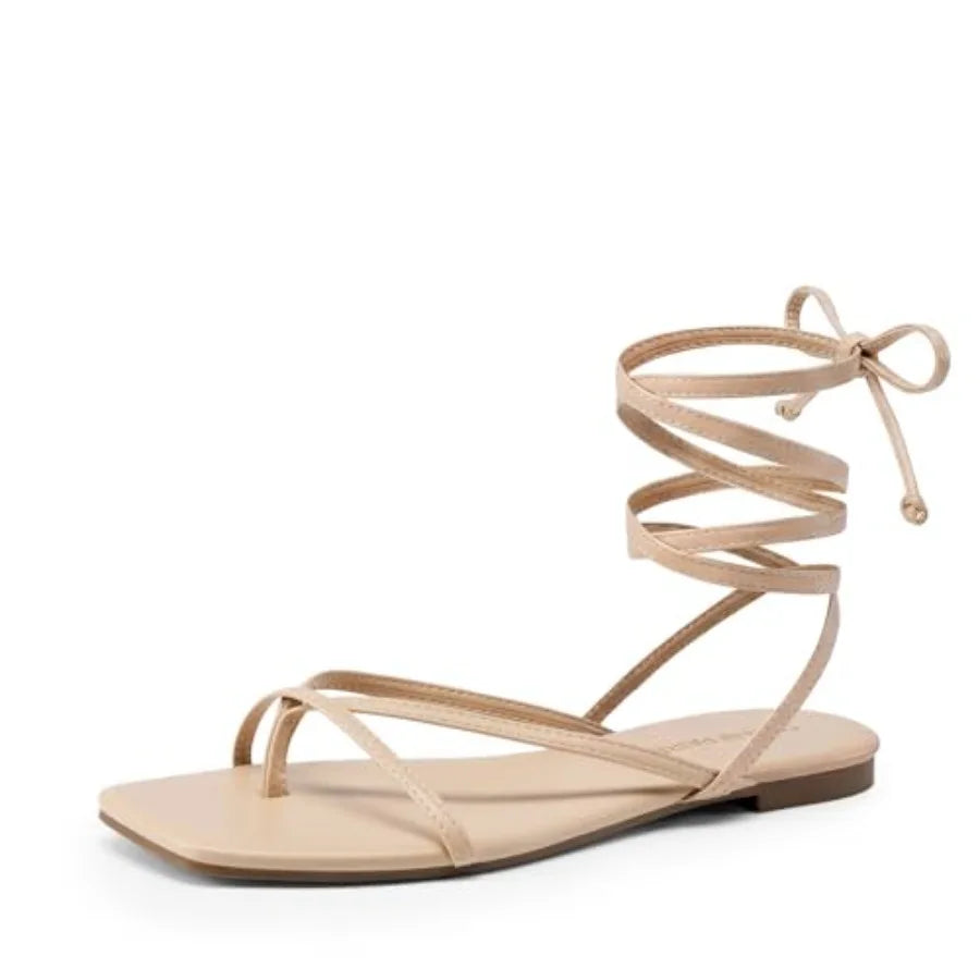 DREAM PAIRS Womens Strappy Flat Sandals - Comfortable Lace Up Gladiator Dressy Sandals, Square Toe Tie Up Walking Sandal, Summe