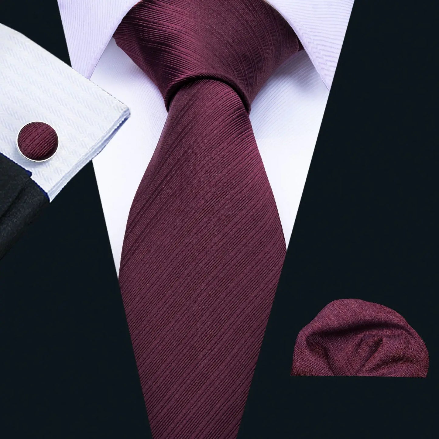 Men’s Luxury Red Striped Necktie Set. Silk Tie, Pocket Square & Cufflinks for Business, Wedding & Formal Wear