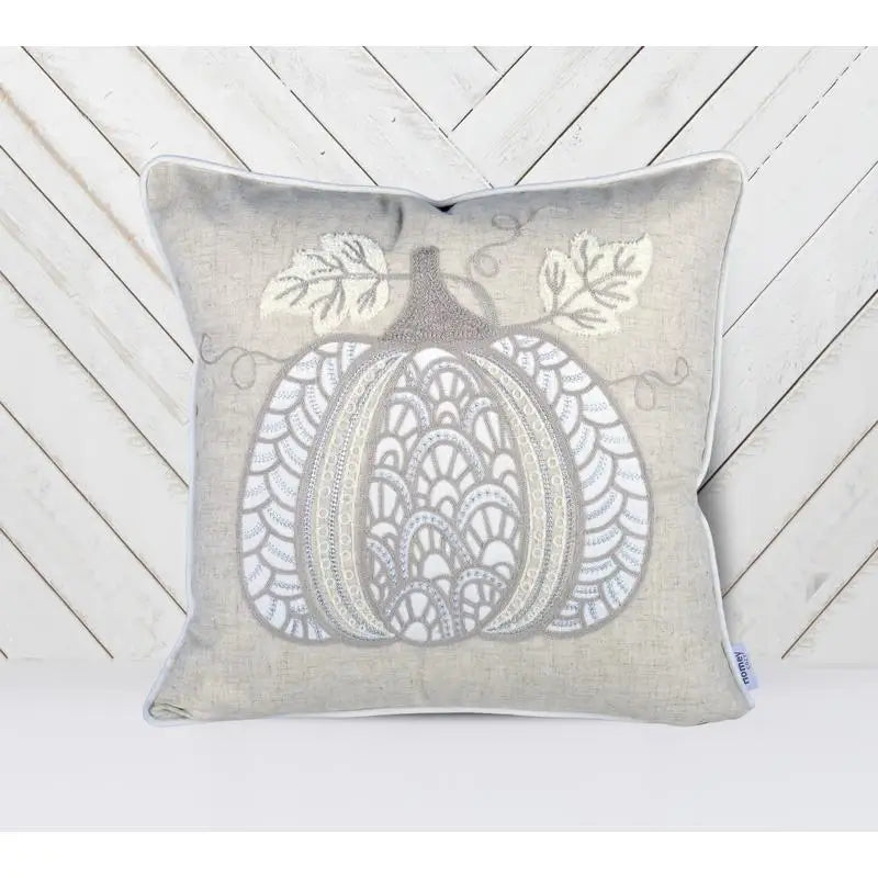 Elegant Lace Embroidered Pumpkin Throw Pillow Neutral Fall Farmhouse Accent Cushion