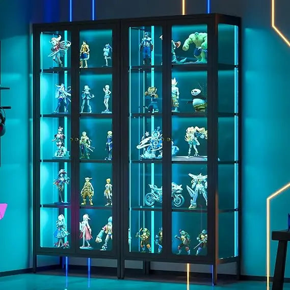 5 Tier Glass Display Cabinet with 12 Color LED Lights, 67" Lighted Curio Cabinet with Glass Doors & Adjustable Shelves,