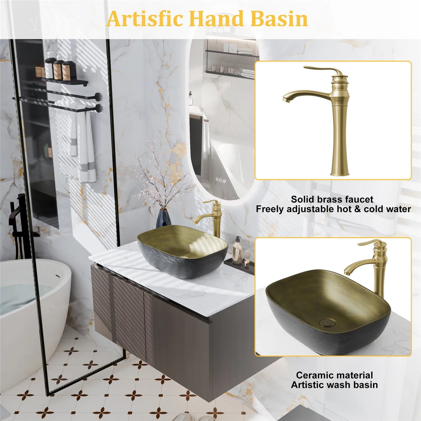 Floating Vanity Bathroom with Sink Combo, Wall Mounted Modern Vanity, Bathroom Cabinet Vanity with Sink Ceramic Basin Faucet