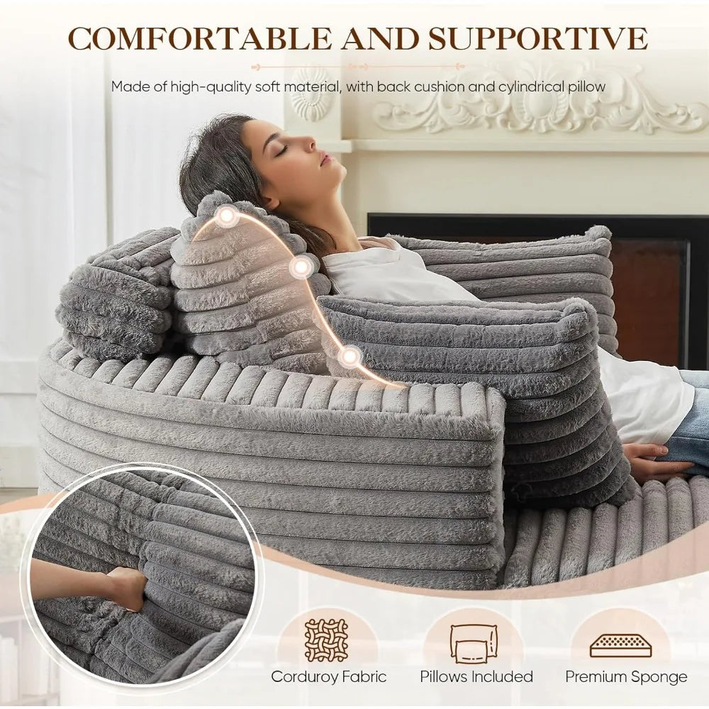 Oversized Round Chaise Longue Chair Indoor, Modern 55-inch Upholstered Corduroy Deep Seat Circle Single Cloud Lounge Floor Sofa