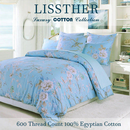3pcs 600TC 100% Egyptian Cotton Duvet Cover Set, Vintage Light Blue Bird Watercolor Floral (No Inserts)