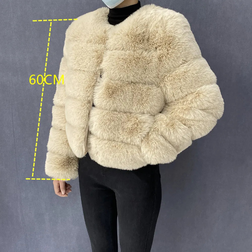 Women's Faux Fur Jacket . Plush Cropped Winter Coat with High Collar