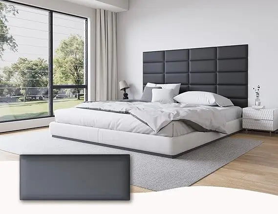 Fabric Black Upholstered Headboard Queen, 12PCS Peel and Stick Wall Panels for Adjustable Bed, Modern Bedroom Decor, 10"x24" Eac