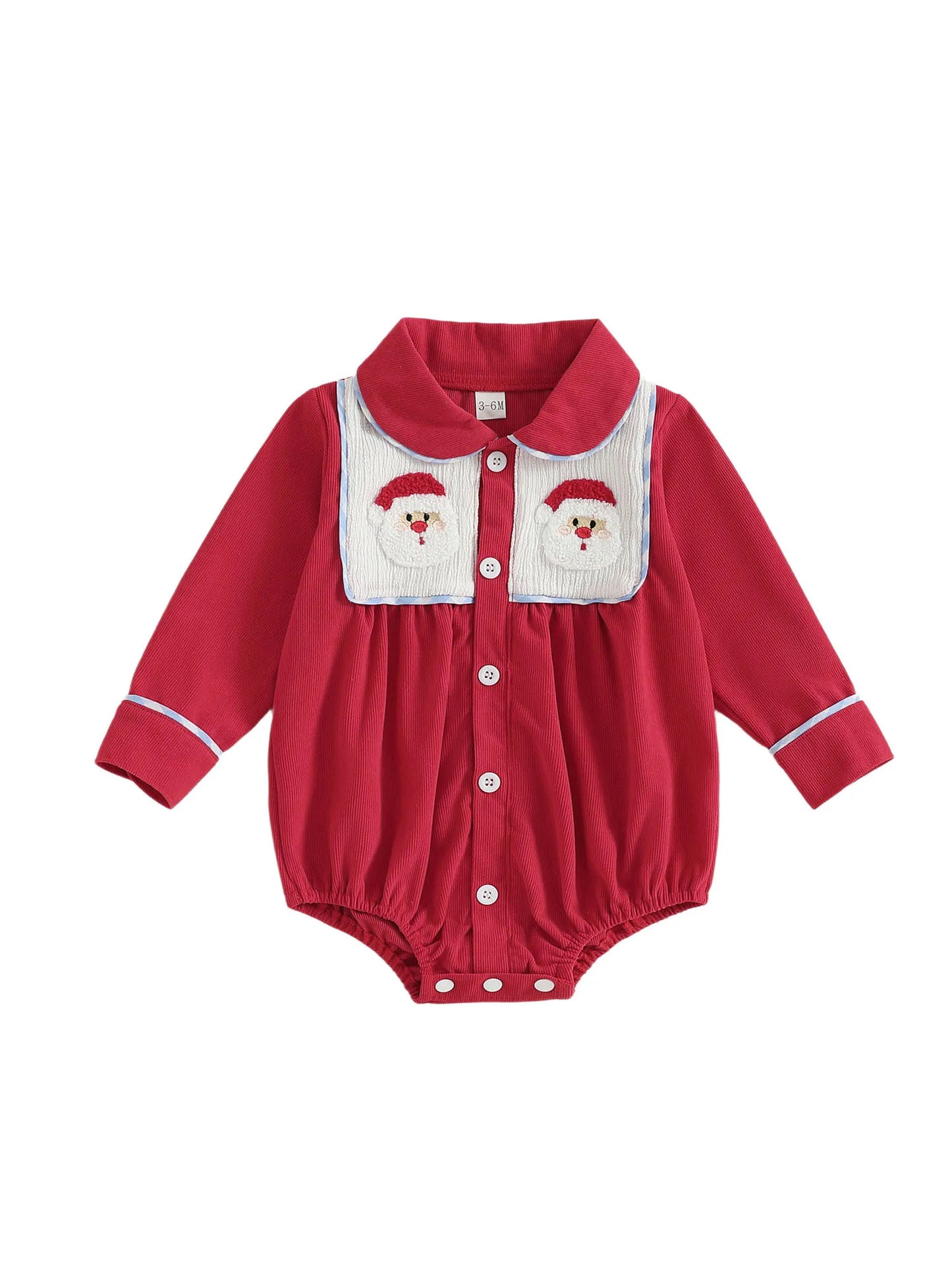 Christmas Baby Romper with Santa and Candy Cane Embroidery Long Sleeve Design Doll Collar and Button Down Closure for a