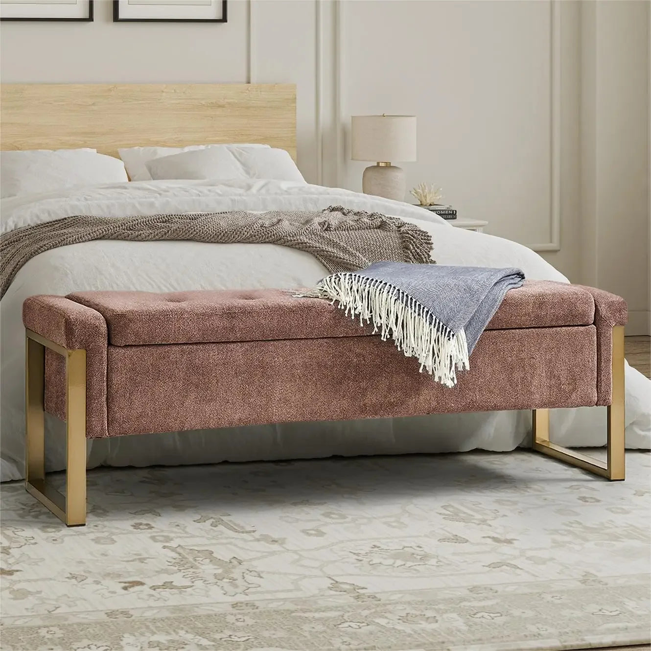 Modern Storage Ottoman Bedroom Bench, End of Bed Bench with Gold Metal Legs, Upholstered Footrest Stool for Living, Dining Room