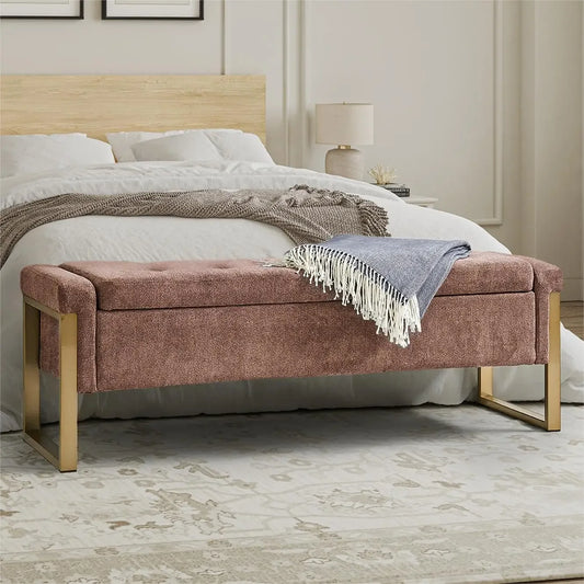 Modern Storage Ottoman Bedroom Bench, End of Bed Bench with Gold Metal Legs, Upholstered Footrest Stool for Living, Dining Room