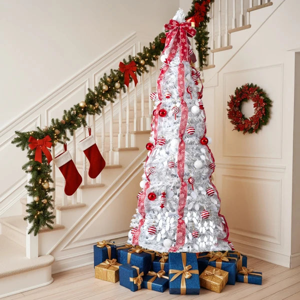 7 FT Fully Decorated Pre-lit Christmas Tree, Pop Up Artificial Xmas Tree with 170 Warm Lights and Red Ornaments for Home Office Store Holiday Deco, White
