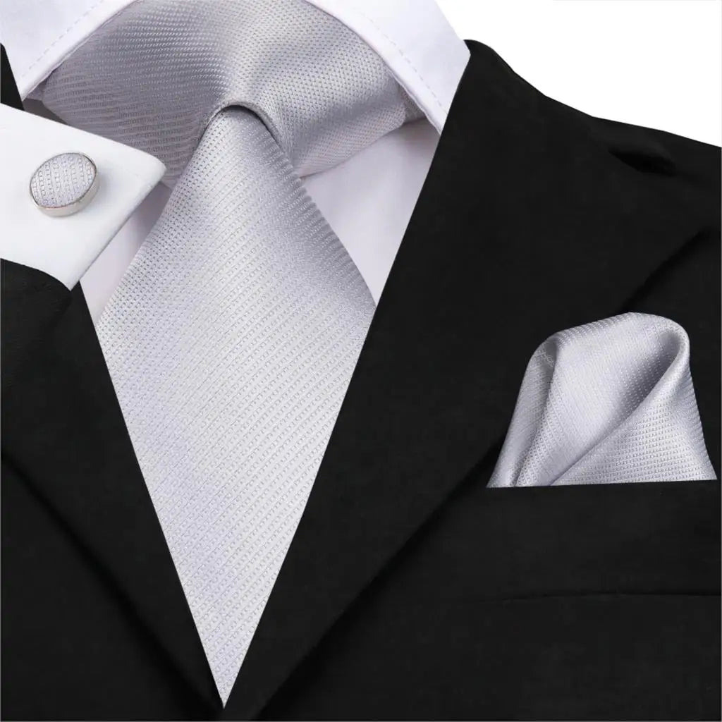 Hi-Tie Luxury Silver Men’s Necktie Set with Pocket Square & Cufflinks | Wedding, Business & Formal Events