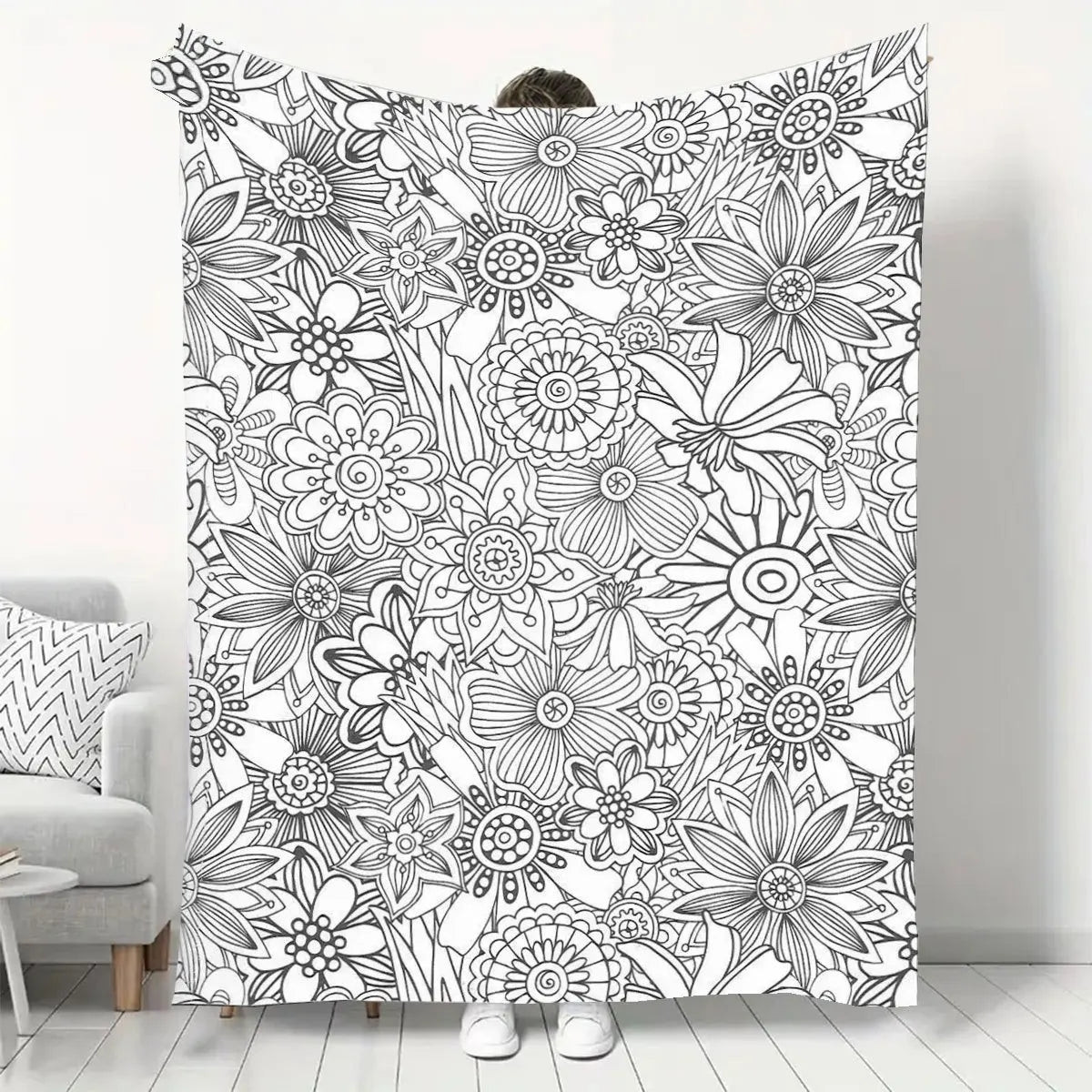 Adult Stress-Relief Coloring Flannel Blanket, DIY Hand-Painted Thickened Warm Throw for Home Office Naps, Creative Doodle Floral