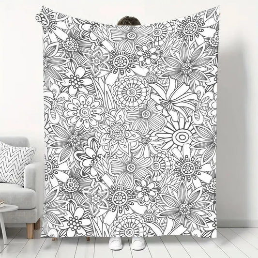Adult Stress Relief Coloring Fleece Throw Blanket . Floral Mandala Plush Blanket for Relaxation & Cozy Comfort