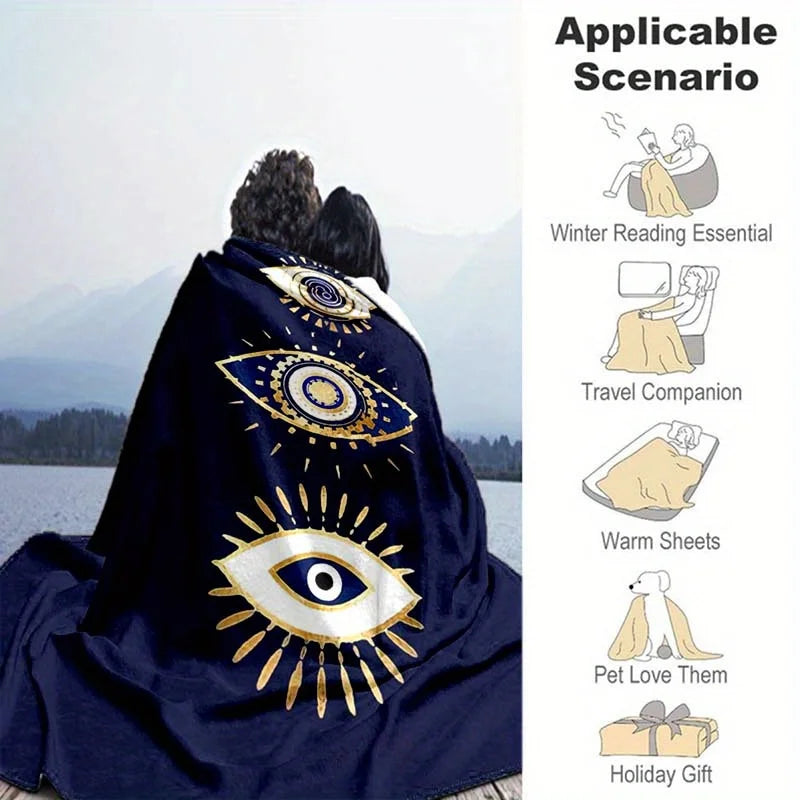 [Soft Polyester Flannel Blanket] Soft Polyester Flannel Evil Eyes Geometric Pattern Blanket - Machine Washable,