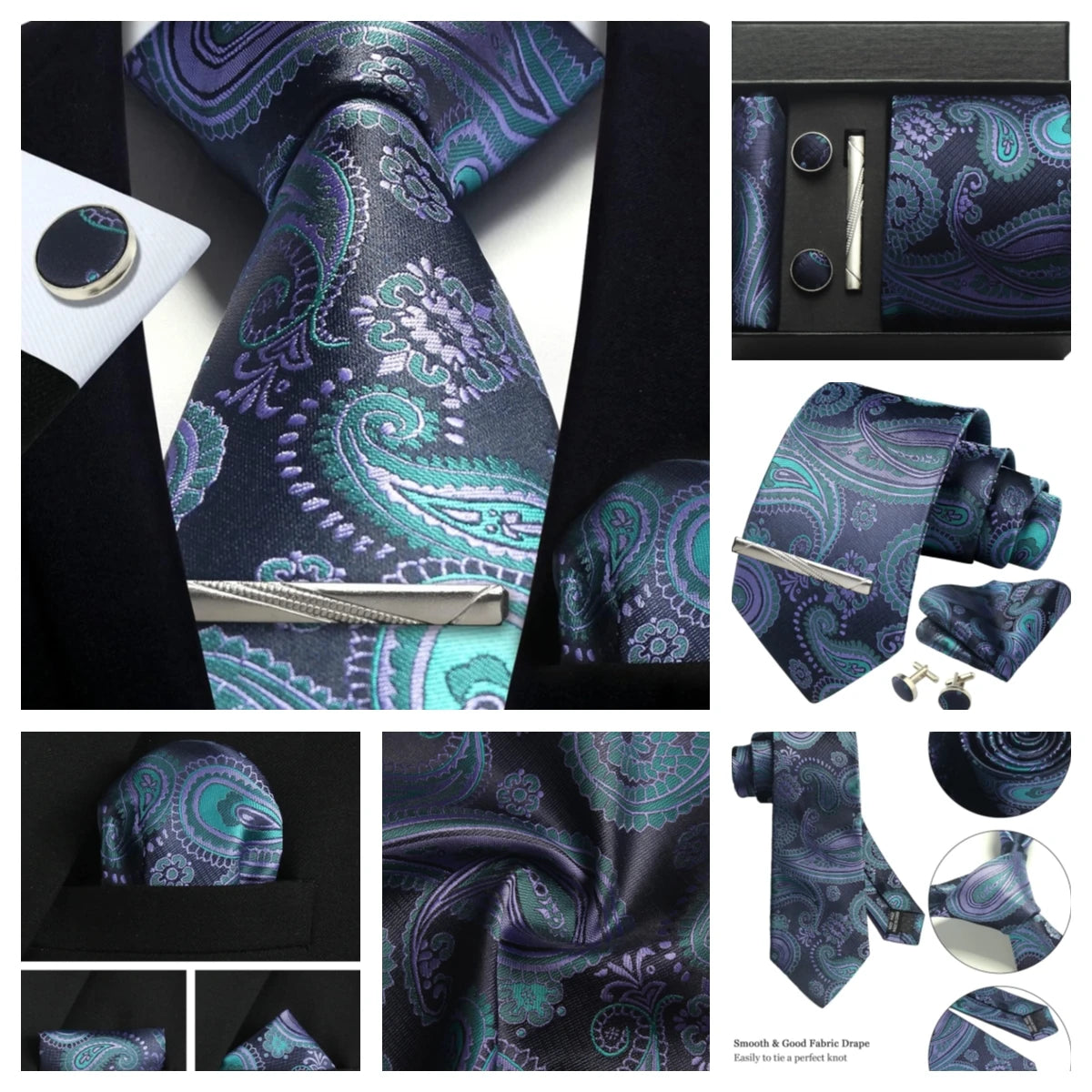 Luxury 100% Silk Paisley Floral Men’s Necktie Set | Business Tie with Matching Pocket Square & Formal Accessories