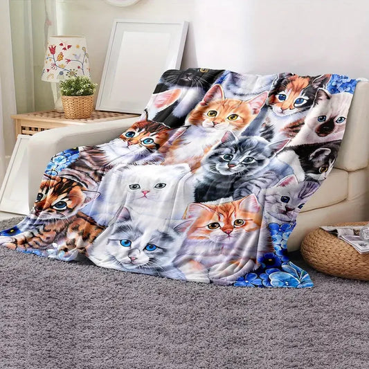 Cute cat print blanket, flannel blanket, soft and warm blanket nap blanket for sofa couch, office bed, office, camping, travel