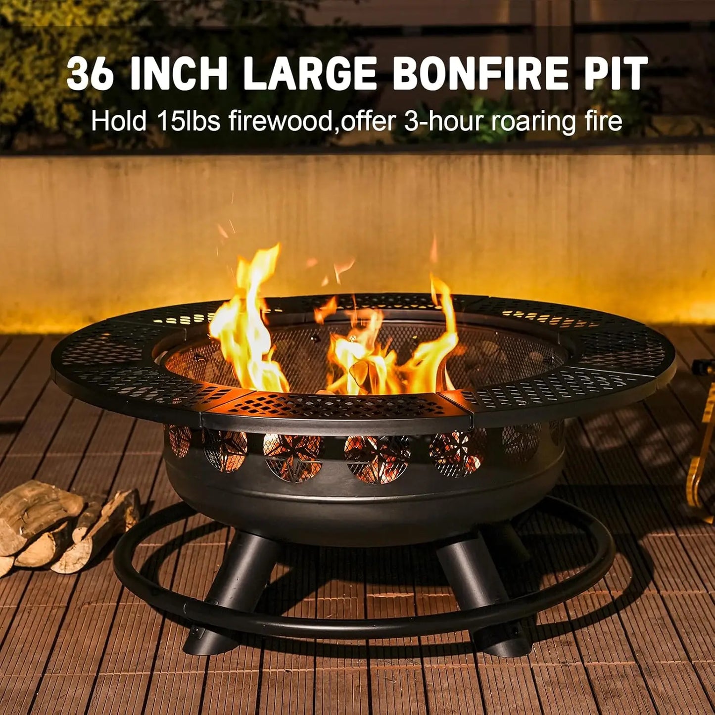 36” Outdoor Fire Pit with Dual Cooking Grills – Wood Burning Backyard & Camping Fire Pit