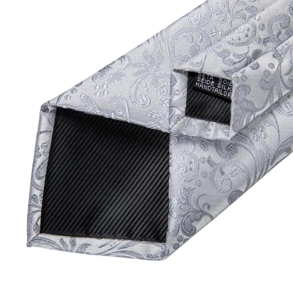 Hi-Tie Luxury Silver Men’s Necktie Set with Pocket Square & Cufflinks | Wedding, Business & Formal Events