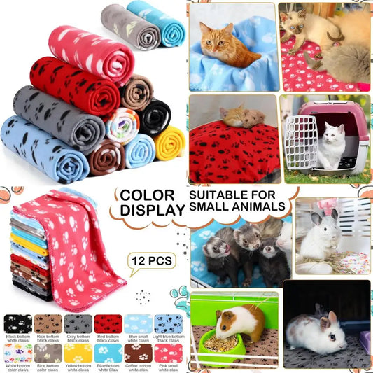 12 Pieces Fleece Blankets for Pets Dog Puppy Paw Print Cat Bedding Cover Blanket for Small Animals Pig Cage Liner Sleep Mat Pad