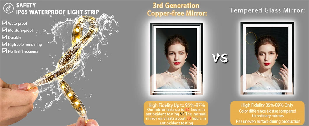 Rectangle Bathroom Mirror Anti-Fog LED Wall Mounted Mirror Vanity Shaving Mirror with 3 Colour Dimmable Memory Front & Backlit