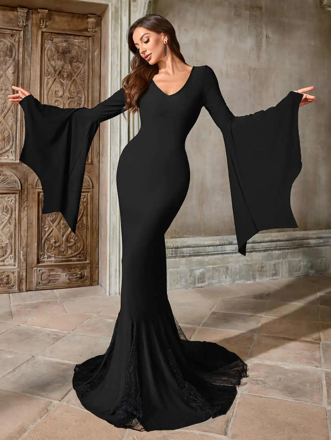 Gothic Mermaid Evening Dress Witch Halloween Morticia Addams Costume, V-Neck Bell Sleeves, Black Lace Train, Floor Length