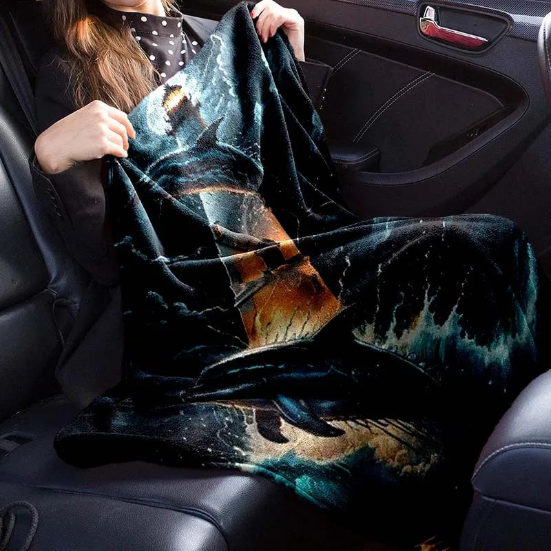 Dolphin and Lighthouse Print Polyester Flannel Blanket - Soft, Warm, Lightweight, Suitable for Sofa, Bed, Travel, Camping, Offic