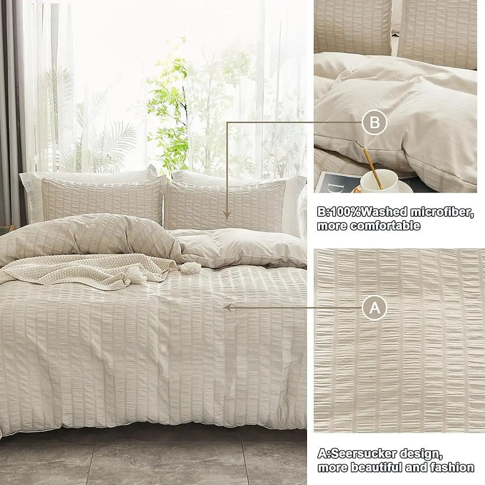 Ultra Soft Seersucker Duvet Cover Set King Size 3 Pieces Wrinkled Microfiber Bedding with Metal Zipper and Corner Ties