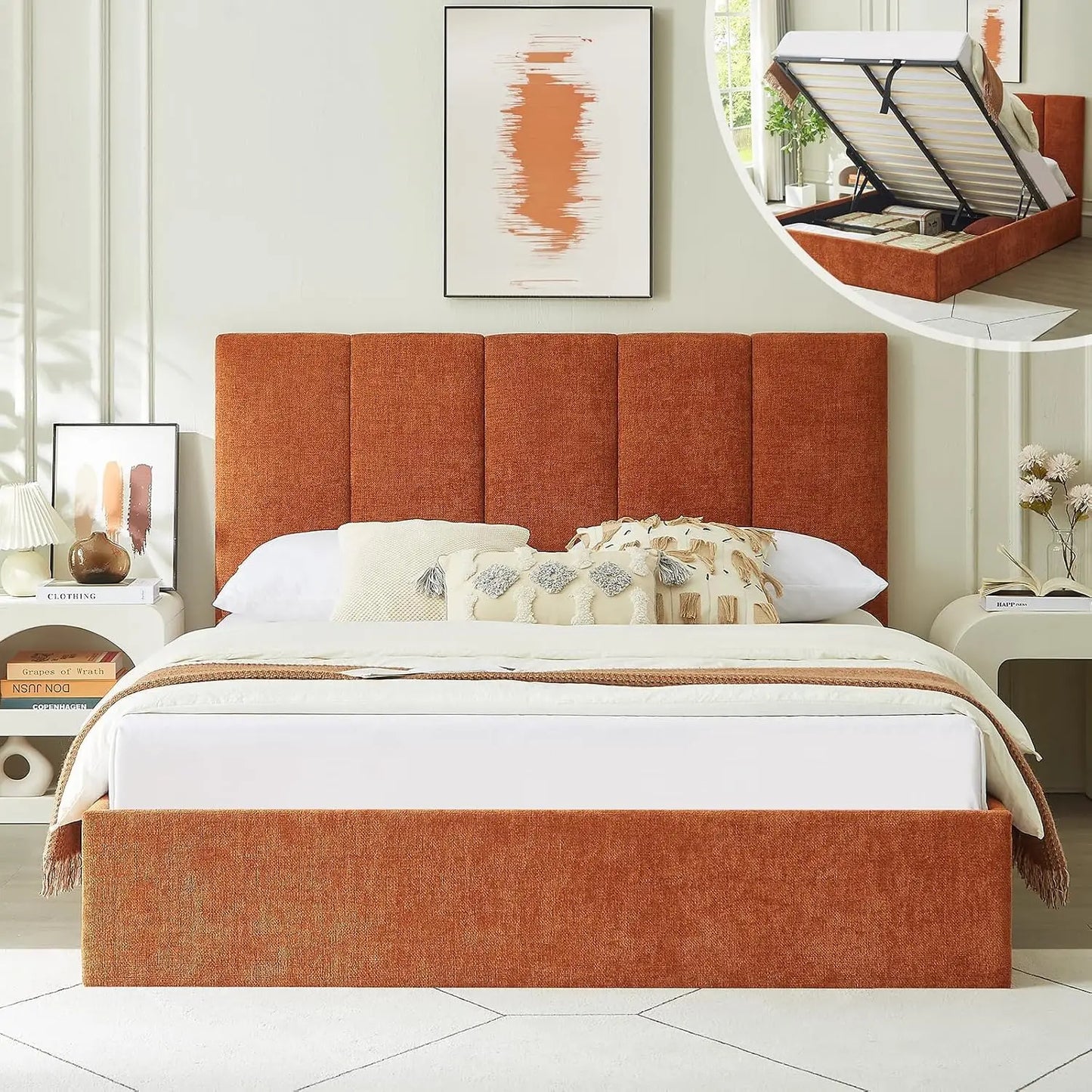 King Size Upholstered Lift-Up Storage Bed with Headboard