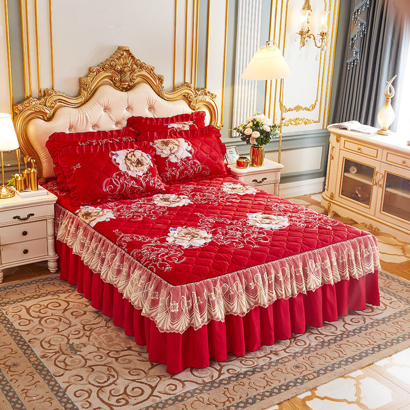 Luxury European Velvet Quilted Bed Skirt Set