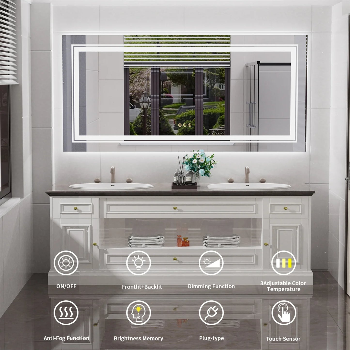 63" x 32" Extra Large LED Light Backlit Bathroom Mirror Dual Lights Makeup Anti-Fog Memory 3 Colors Dimmable With Touch Button