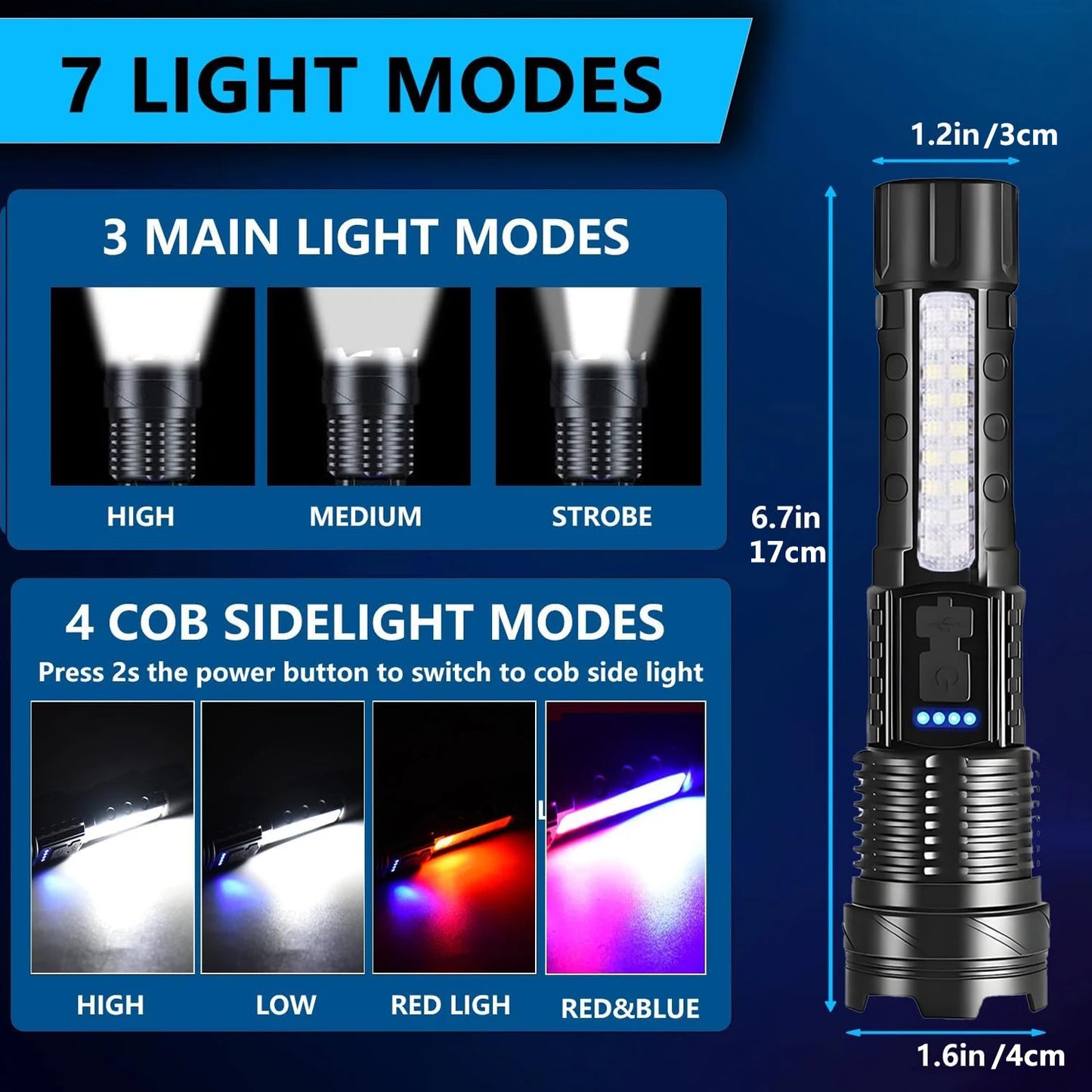 Rechargeable Tactical LED Flashlight .7 Modes, Zoomable Beam & USB Charging