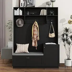 Hall Tree with Soft Cushion Storage Bench,Functional Hallway Shoe Cabinet with 3 Shelves and Coat Rack w/3 Hooks for Entryways,