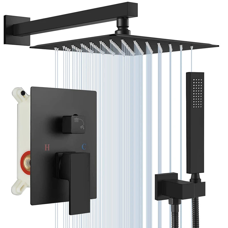 Black Concealed Shower System With Rainfall Tub Spout